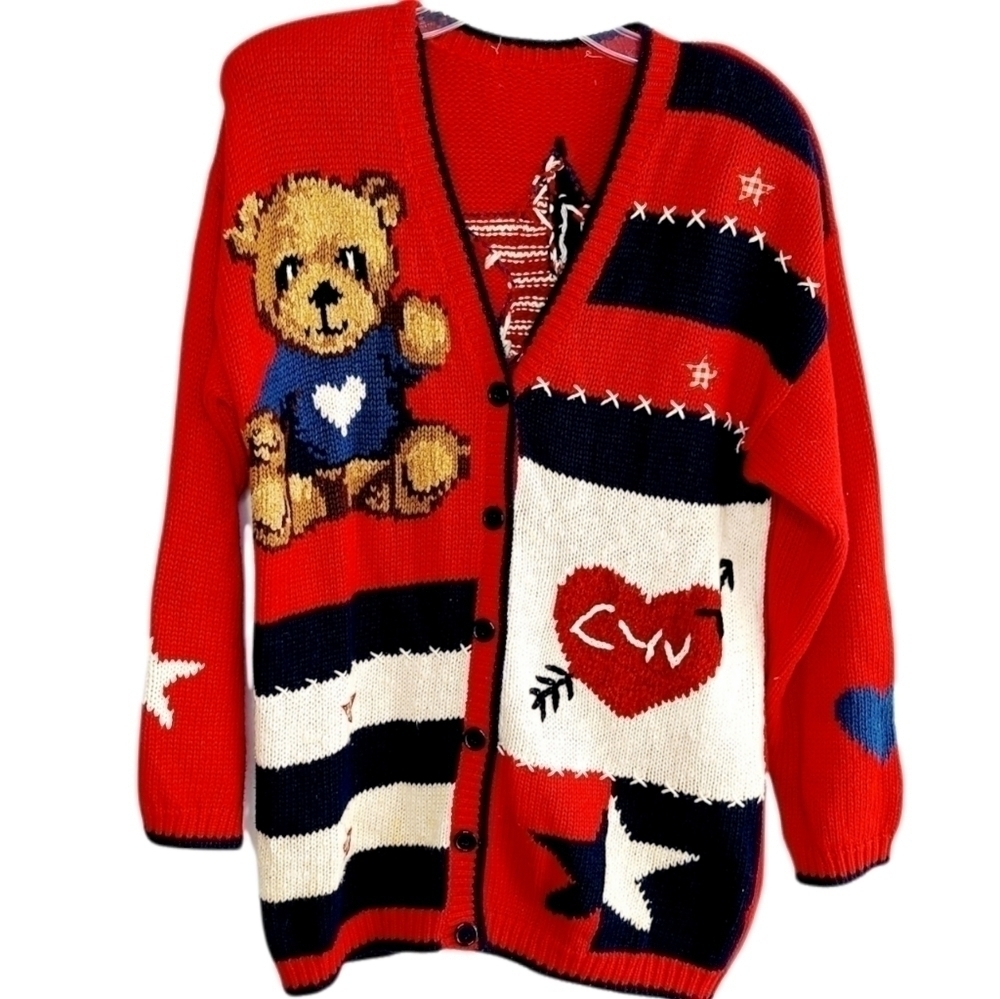 Vintage Women's Button Front Cardigan Hand Knit Large ? Teddy Bear Sweater 1990s